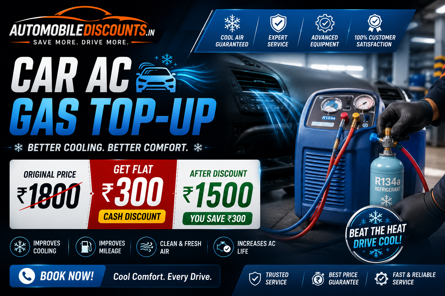 Car AC Gas Top-up Flat Rs.300 Cash DISCOUNT 